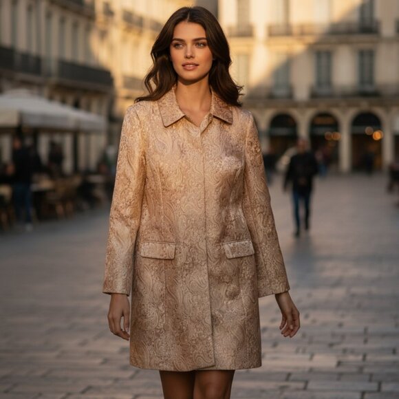 Vintage Jackets & Blazers - VINTAGE ICE Brocade Paisley Jacket 14 Metallic Gold Baroque Driving Coat Peacoat